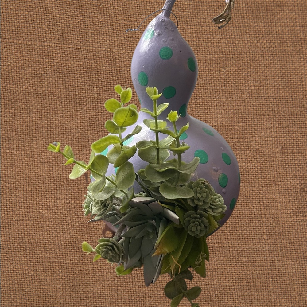 Hand crafted painted dried gourd planter purple aqua blue dots faux succulents - Picture 4 of 16